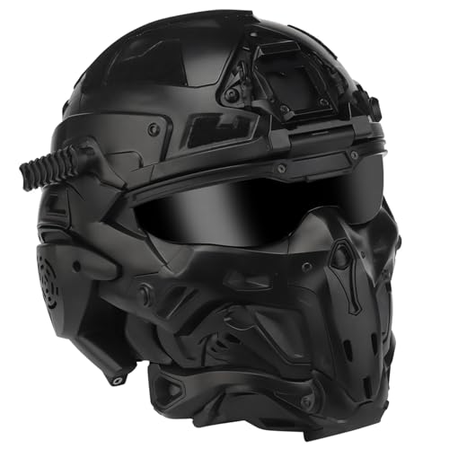 Tactical Full Face Airsoft Helmet with Detachable Mask, Flip-Up HD Lens & Built-in Communication Headset, Adjustable Fit for Paintball, Airsoft & Outdoor Activities