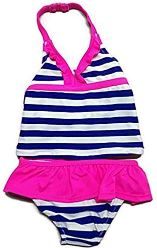 OSHKOSH B'GOSH Little Girls' Blue Stripe Pink Ruffle Tankini Swim Suit- (4T)