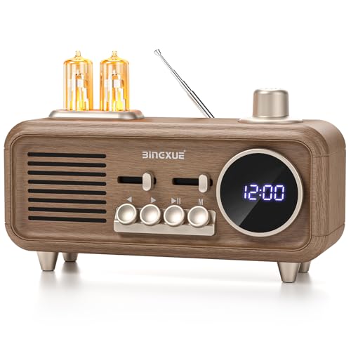 Retro Radios FM Portable Bluetooth Speaker,1224H Small Plug in Vintage Clock Radio with USBAUXTF Card for KitchenBedroomDeskShelf Wood Grain