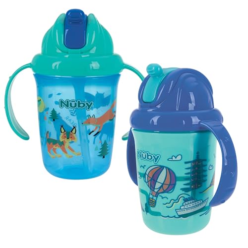 Nuby No-Spill Trainer Soft Straw Two Handle Cup | Flip-n Sip | 2 Pack: Blue Animals & Cars, Aqua Travel & Pink Animals or Ocean | 8oz 240 ml | 12 Months