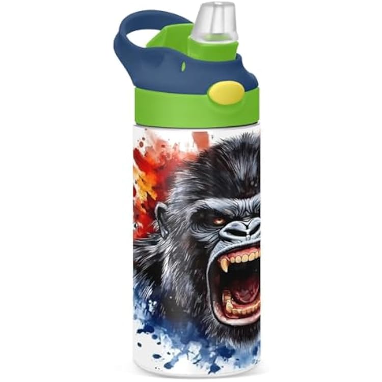 King Kong Face Blue Kids Water Bottle with Straw Lid Insulated Tumbler with Handle Stainless Steel Reusable Toddlers Cup for Kids Boys 12 oz