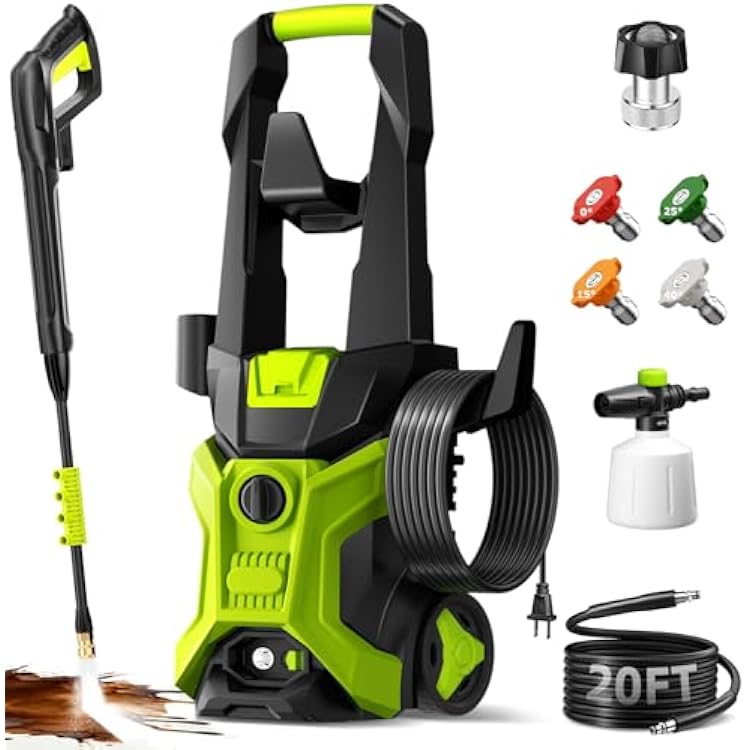 Electric Pressure Washer - 2.5 GPM Portable Lightweight Power Washer, 4 Quick-Connect Nozzles & Adjustable Soap Tank Pressure Washers for Cars, Driveways, Patios, Fences, Decks, Facade, Home Cleaning