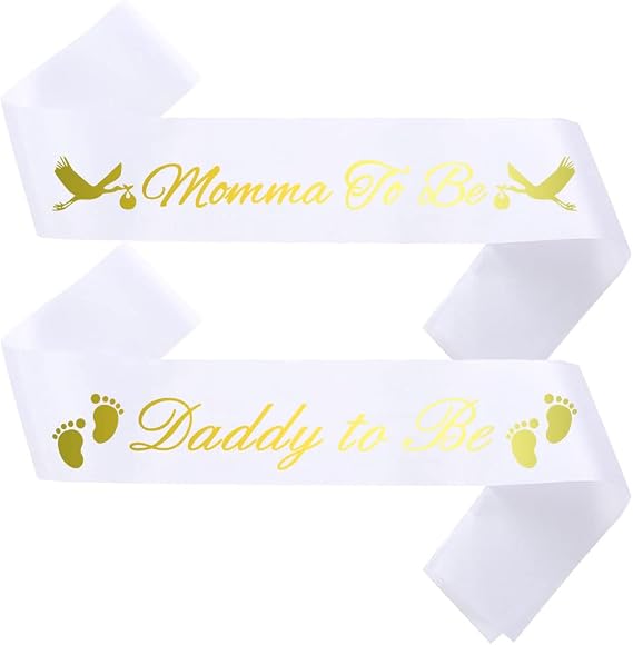 CoolerthingsDG,#34;Momma To Be & Daddy To Be Baby Shower Sash Bundle, Favors, Mommy Supplies Gender Reveal White