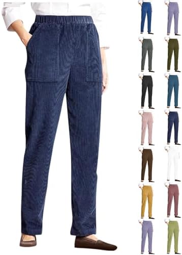 Corduroy Pants Women Casual Elastic High Waist Petite Pants Straight Leg Pants Loose Comfy Trousers with Pockets