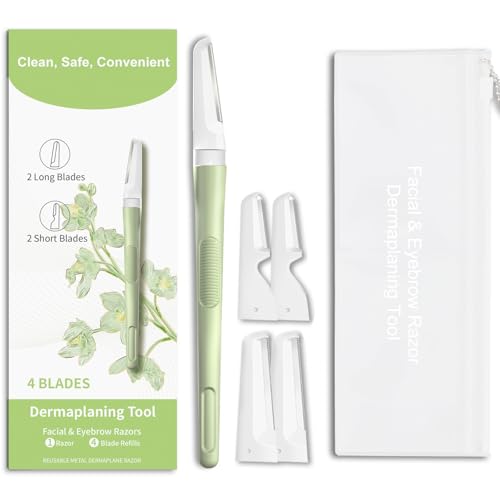 Dermaplane Razor for Women Face, Precision Face Razors for Women, Dermaplaning Tool, Gentle Exfoliation, Facial Hair Removal and Perfectly Shape Brows, Reusable Metal Handle with 4 Microblades, Green
