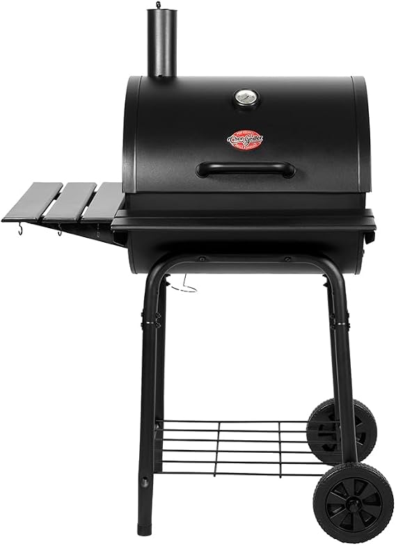 Char-Griller Wrangler Charcoal Grill in Black with Metal Shelves, EasyDumpTM Ash Pan, Premium Wood Front and Side Shelves with Utensil Hooks, 640 Cooking Square Inches in Black, Model 2823