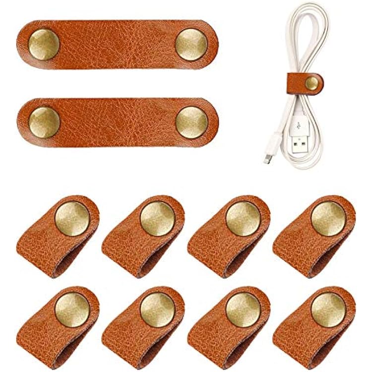 10 Pcs Cord Organizer, Stocking Stuffers for Men Portable Earphone Cord Holder Winder Keeper, Leather Cable Cord USB Straps, Leather Handmade Light Brown