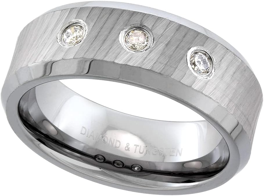 Sabrina Silver 8mm Tungsten 3 Stone Diamond Wedding Ring Dazzling Cut Finish Beveled Edges Comfort fit sizes 8 to 13