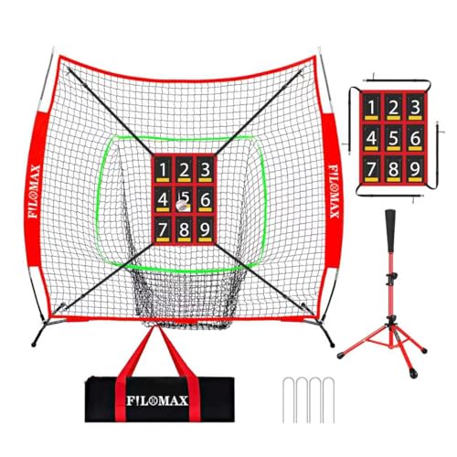 7x7ft Baseball & Softball Practice Net with Numbered Strike Zone & Batting Tee - Heavy Duty Portable Hitting Pitching Training Net for Accuracy and Swing Practice, Includes Carry Bag