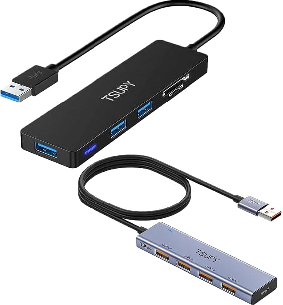 TSUPY 4-Port USB 3.2 Hub,10Gbps USB 3.0 HUB with 4ft Extended Cable, TSUPY 5 in 1 Multiport Adapter USB 3.0 Hub with SD Micro SD Card Reader