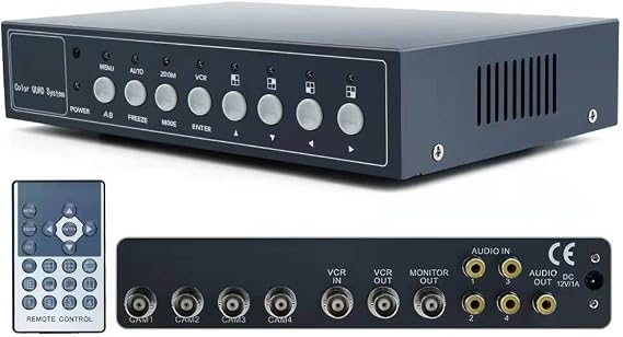 4Ch Realtime Color Video Quad Multiplexer Switcher Processor for CCTV Surveillance Cameras, Digital Zoom in/Out, Video Freezing, Video Loss, Motion Detection, Audio in/Out