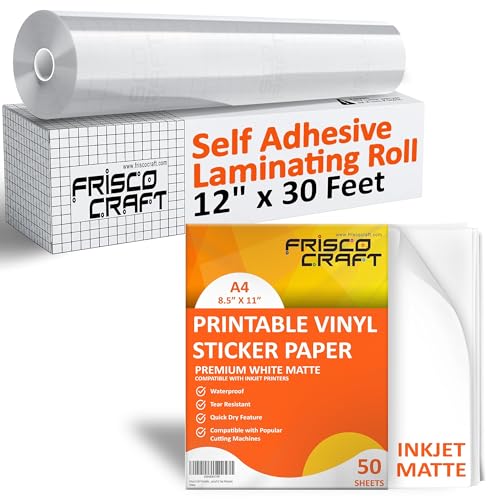 Frisco Craft Self Adhesive Laminating Roll Glossy, 12 x 30 ft & Printable Vinyl Sticker Paper Matte, 8.5 x 11, 50 Sheets Bundle Waterproof, Durable, Easy-Peel DIY Decals, Labels, Stickers