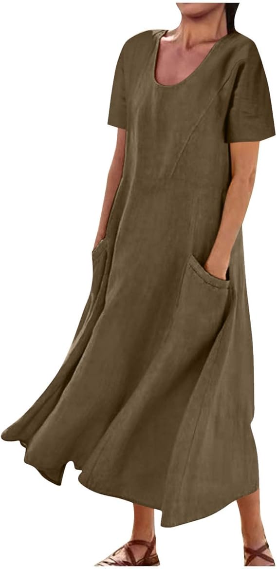 FZYLQY Summer Dresses for Women 2026 Casual Cotton Linen Short Sleeve Midi Dress Flowy Beach Vacation Dresses with Pockets