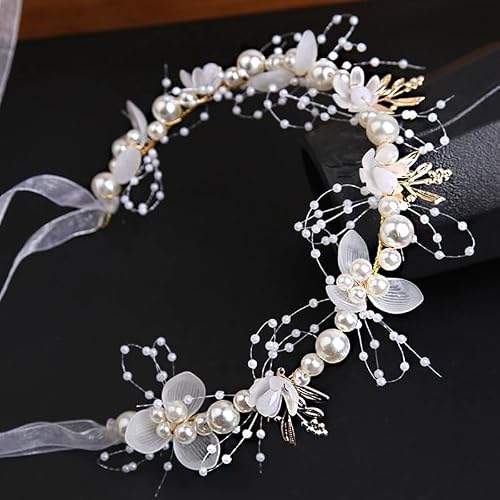 Flower Crown Headband Pearl Flower Hairbands Golden Leaves Head Hoops Wedding Bridal Hair Accessories for Women and Girls