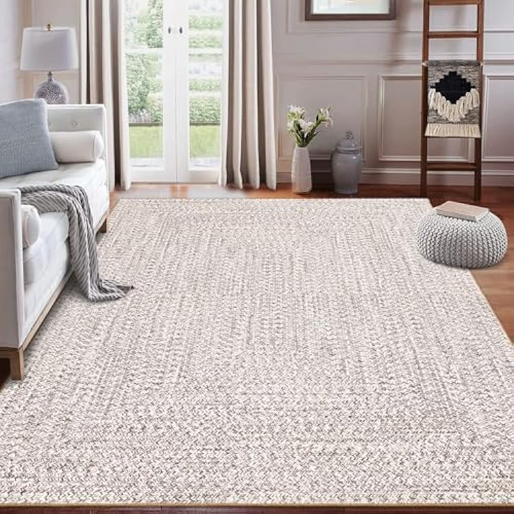 ROYHOME 9x12 Area Rug Large Machine Washable Rug for Living Room Print Braided Accent Rug Stain Resistant Non-Slip Carpet Farmhouse Solid Printed Textured Floor Cover for Home Decor, BeigeGrey