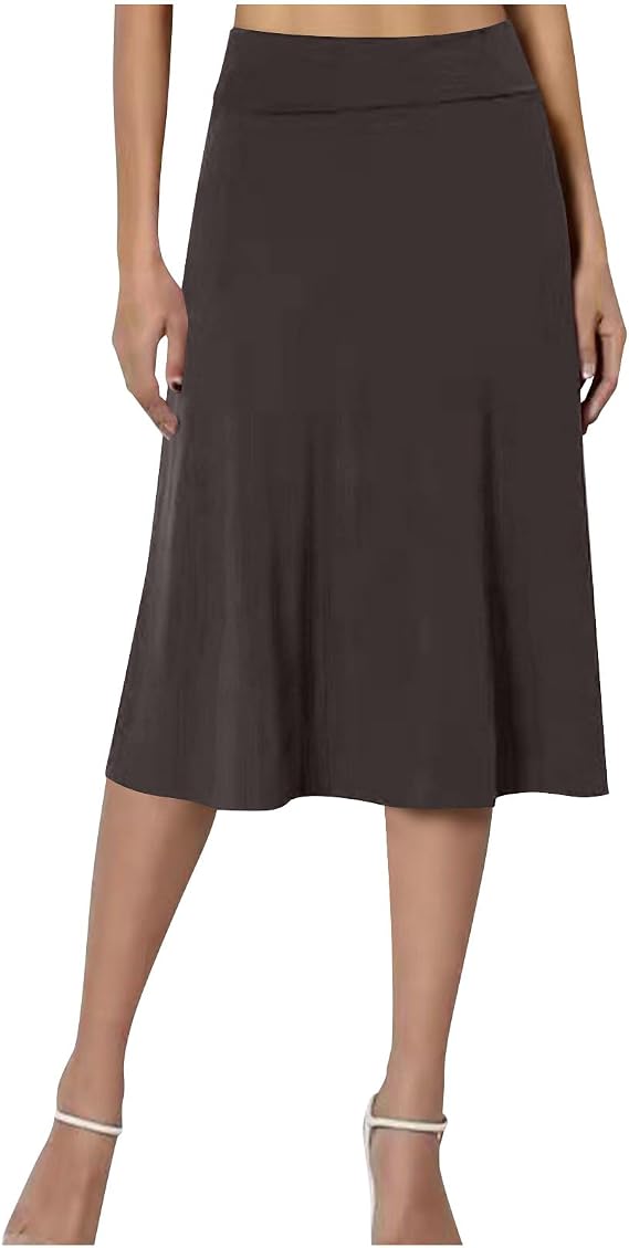 Women's Solid Lightweight Flare Midi Skirt Stretch A-Line Classic High Waisted Pull On Knee Length Flowy Skirt 2025