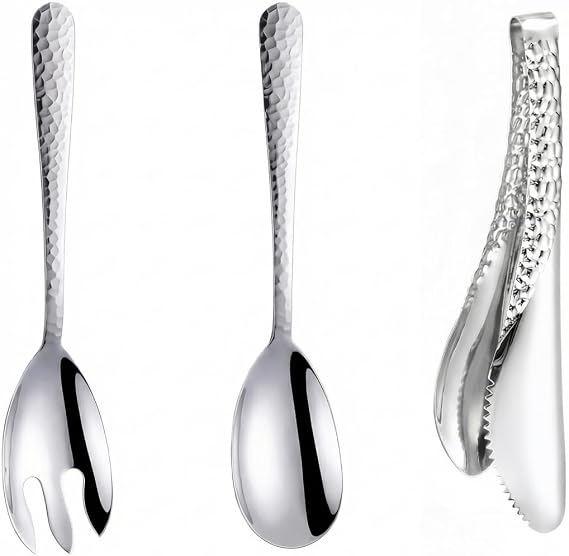 Salad Spoon and Fork Stainless Steel Tong Serving Set, Heavy Duty Hammered Finish Serving Utensils Large Salad Servers for Kitchen Party Buffet Supply (Silver)