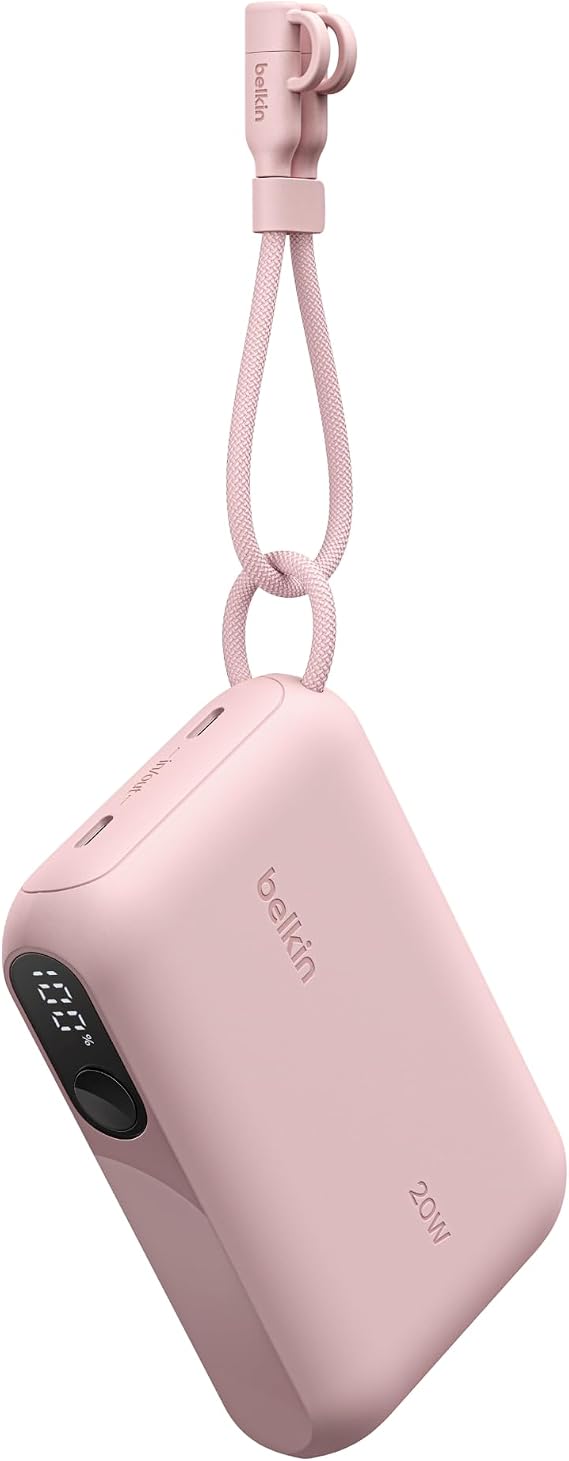 Belkin Taşınabilir Şarj Cihazı, 10.000 mAh USB-C İnce Güç Kaynağı, 2 USB-C Port, Dijital Pil Göstergesi, 20 W Hızlı Şarj, iPhone 16, 15 Serisi, Samsung Galaxy S25, S24, Pixel 9, iPad ve Fazlası, Pembe