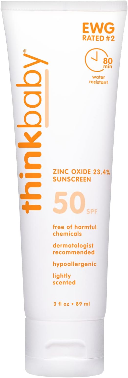 Thinkbaby SPF 50+ Baby Mineral Sunscreen Safe, Natural Sunblock for Babies - Water Resistant Sun Cream Broad Spectrum UVA/UVB Sun Protection Vegan Baby Sunscreen Lotion, 3 Oz.