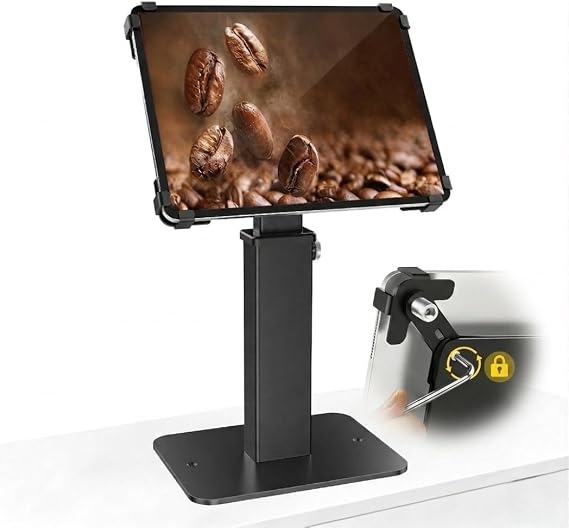 Adjustable Height Rotating Tablet Stand with Anti-Theft Lock, 360Swivel & Tilt Aluminum & Carbon Steel Holder for 9.7-13 inch Tablets, for Desk, Office, Retail, Education(Black)