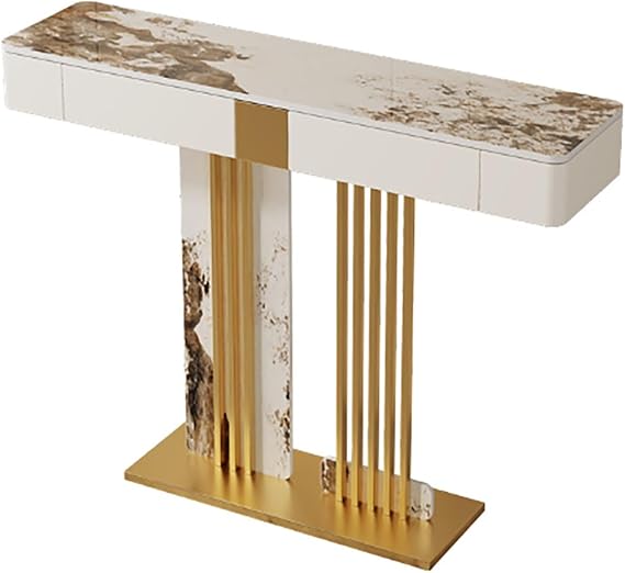 Faux Marble Narrow Console Entryway Table Long Rectangular Sofa Tables with 2 Drawers Space-Saving for Hallway Entrance Living Room.(White Gold,100x35x92cm)