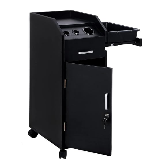 SSLine Modern Salon Trolley Storage Cart with Wheels Black Rolling Salon Sation for Hair Stylist Barber Shop Beauty Spa Locking Tool Cart Styling Cabinet with 4 Drawers & 3 Tool Insert Holes