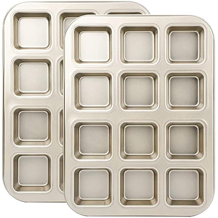 Beasea Brownie Pan with Dividers, 2 Set Gold All Edges Square Cupcake Brownie Pans 12 Mini Cavity Non Stick Baking Carbon Steel Bread Mold Small Edge 3x4 Individual Cutter Sheet Tray for Cake Oven