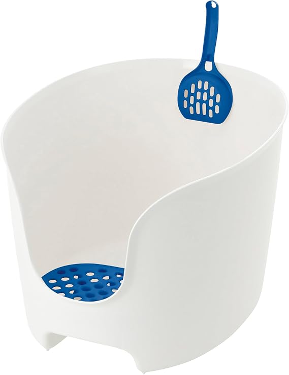 Richell USA - PAW TRAX High Wall Cat Litter Box in White/Blue - High Sides Waste Box, Anti-Tracking Grate, Included Scooper, 19.7x16.1x12.4, Cats & Kittens