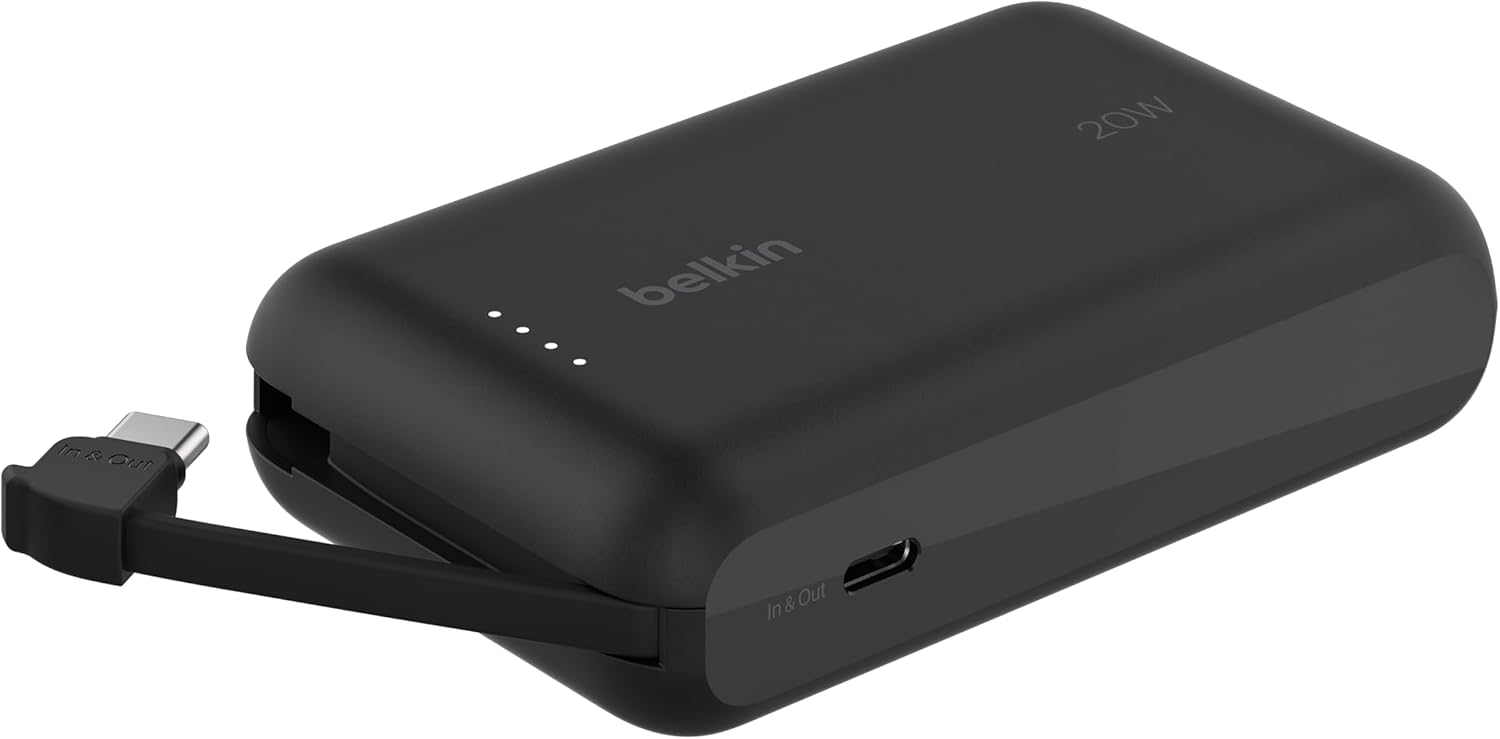 Belkin BoostCharge Power Bank, Entegre Kablolu Taşınabilir Şarj Cihazı 10K PD 20W - USB-C Güç Dağıtımı, iPhone Power Bank iPhone 17 Serisi,