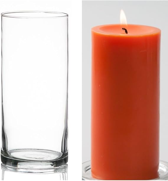 12 Eastland Glass Cylinder Vases 7.5" and 12 Richland Pillar Candles 6" Orange