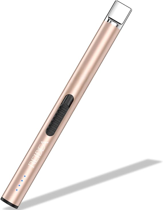 REIDEA Çakmak, S4 Pro elektrikli elektrik arklı çubuk çakmak, USB alevsiz, rüzgar geçirmez, şarj edilebilir, LED pil göstergeli, emniyet şalterli, mum pişirme, mangal için, şampanya altın