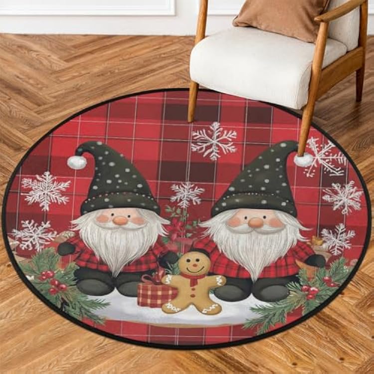 Round Rug 3 Area Rug Indoor Carpet Mat Buffalo Plaid Gnome and Gingerbread Non-Slip Floor Mat for Bathroom Office Classroom Bedroom Nursery