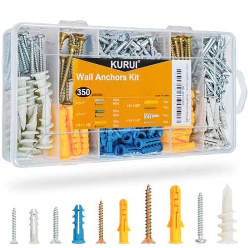 KURUI Drywall Anchors Assortment Kit for Sheetrock Concrete Brick, 350Pcs Wall Anchors and Flat Head Screws, 5 Sizes Picture Hanging Set for BedroomOffice Wall Art Decor, House Warming Gifts New Home