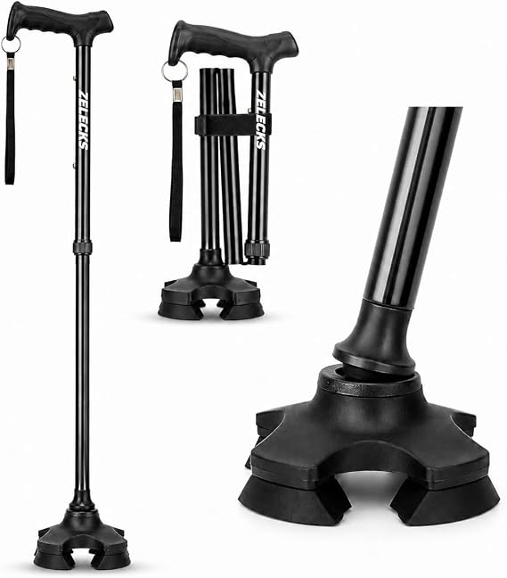 ZELECKS Walking Cane for Women & Men - Self Standing Adjustable Folding Cane with T Handle and 360 Pivot Base - Lightweight Foldable Walking Stick for Seniors - Collapsible Cane for Walking