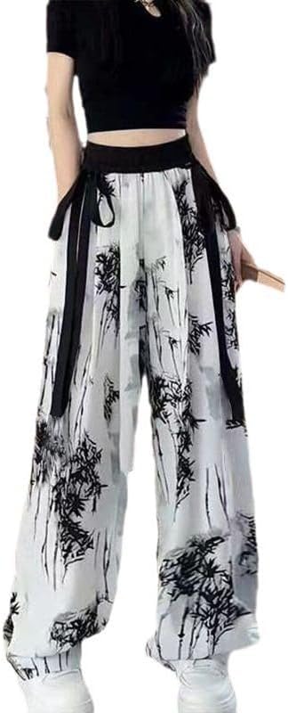 2024 Chinese Style Ink and ice Silk Wide Leg Pants, Summer Wide Leg Pants, Women's Casual Ribbon Leg mop Pants