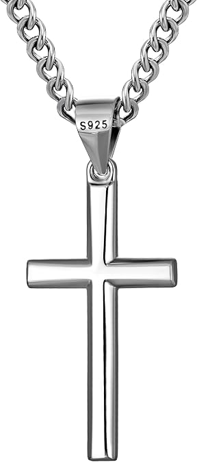 Silver Cross Necklace for Men, 925 Sterling Silver Mens Cross Pendant with Wheat Chain, Simple Jewelry Gift for Men Women