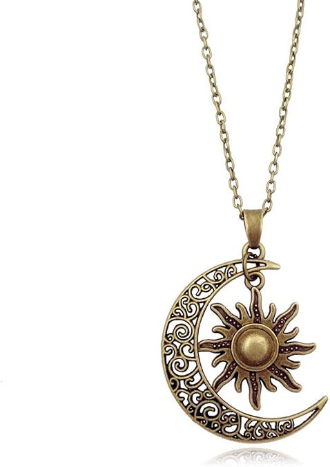 Vintage Bronze Crescent Moon and Sun Pendant Necklace Retro Swirl Filigree Unisex Jewelry Gifts