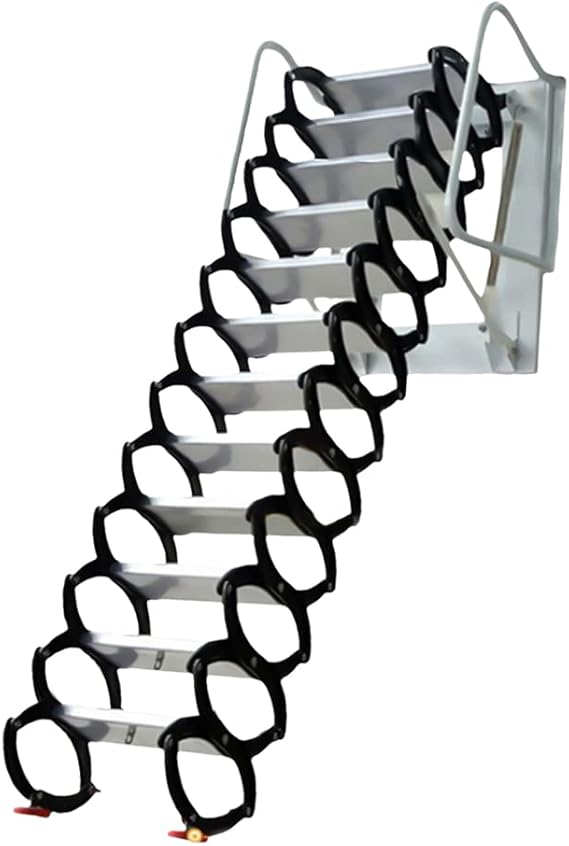 12 Steps Wall Mounted Folding Stairs, Aluminum Retractable Attic Ladder Pull Down System Black Folding Loft Stair with Armrests 880lbs Capacity for Attics, Garages,Warehouses