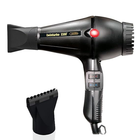 Turbo Power Twin Turbo 3200 Black Hair Dryer + M Hair Designs Hot Blow Attachment (Bundle) Professional High-Speed Dryer for Smooth & Fast Drying