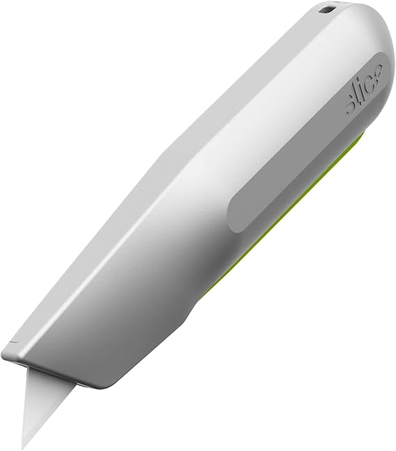 Slice 10493, Squeeze Knife Box Cutter, Ceramic Blade, Finger Friendly, Lasts 11x as Long, Safety Lock Switch, Metal Handle, Auto-Retractable