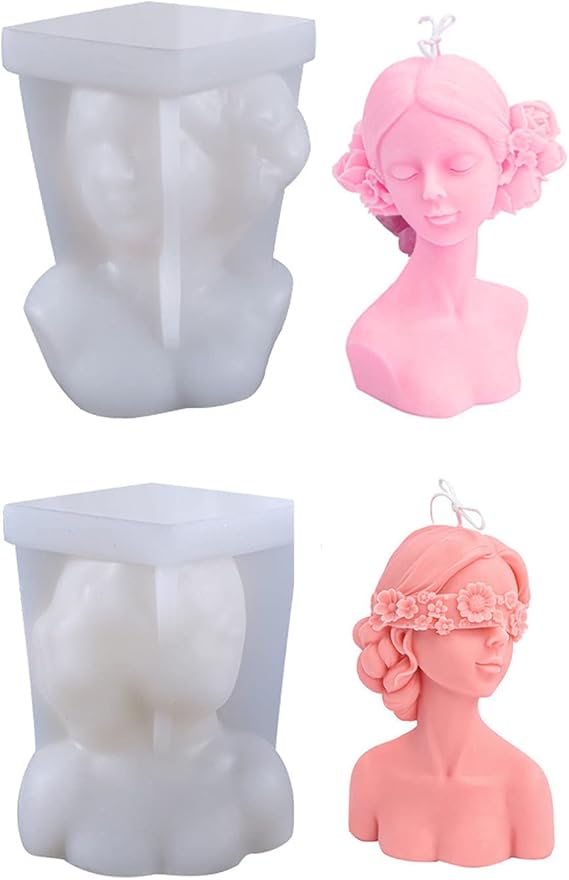 2-Pack Candle Molds 3D Beauty Elegant Girl Female Body Candle Silicone Mold Eyes Closed Girl Blindfolded Girl DIY European Character Plaster Portrait Sculpture Molds for Valentine's Gifts