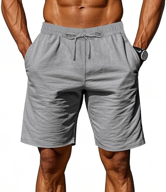 Mens Casual Linen Cargo Shorts Summer Trendy Loose Lightweight Drawstring Elastic Waisted Bermuda Shorts Beach