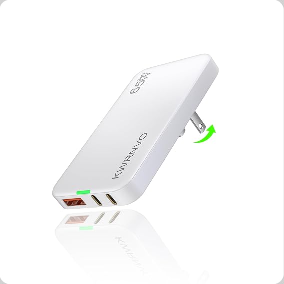 Flat USB Wall Charger, GaN Charger 3 Ports with 2Type-C and 1USB-A Ports, Ultra-Slim Fast Wall Plug for MacBook Pro/Air, Pixelbook, iPad Pro, iPhone 17/16/15/14 White