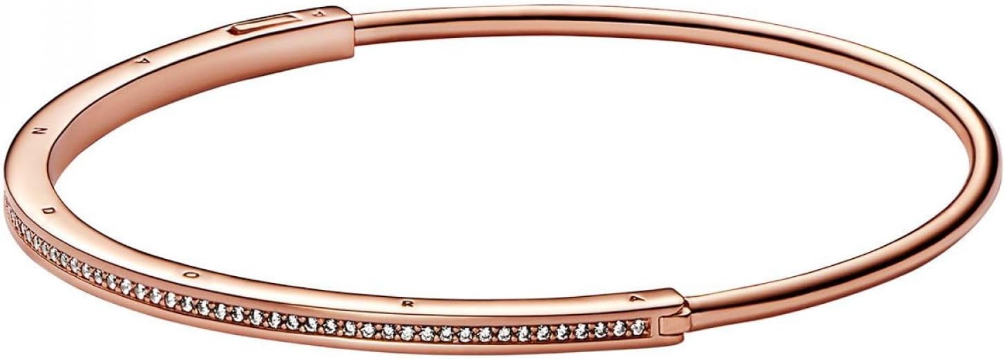 Pandora I-D Pave Bangle - 14k Rose Gold-Plated Bracelet for Women - Features Rose & Cubic Zirconia - Gift for Her - 6.9"