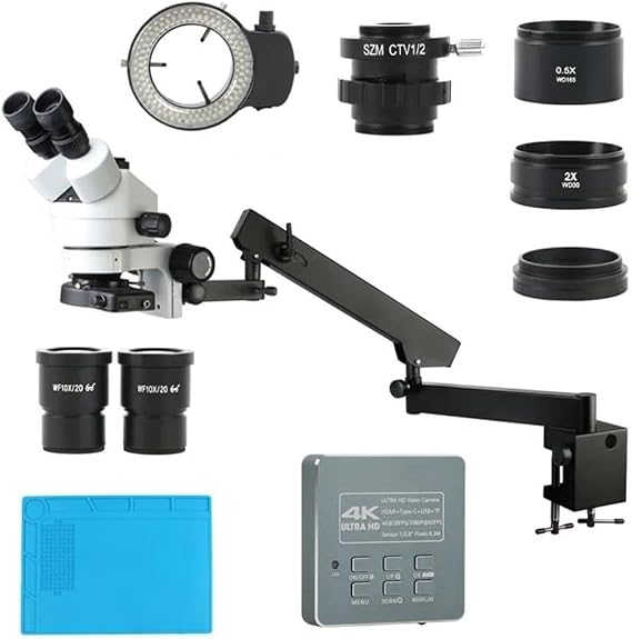 Lab Microscope Accessories 3.5X 90XArticulating Arm Pillar Clamp Zoom Simul Focal Industrial Trinocular Stereo Microscope 55mp 8.3MP 4K HDMI Video Camera(E 8.3MP 4K HDMI USB)