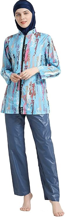 Modest Swimwear for Women Set Digital Printed 3 Piece Swimsuit Conservative Loose Zip Swimming Suit Beachwear Burkini