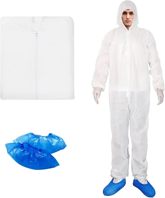ETERNA Hazmat Suits- 1 Pack Disposable Protective Coveralls with Hood, Zipper, Elastic Wrists, Shoe Covers for Men & Women, Shield from Dirt, Dust, Paint (White, Small)