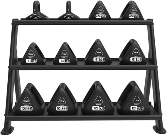 TRX YBell Neoprene Kettlebell Set 12 Piece Bundle with Horizontal Rack | Dumbbell. and Push-Up Bar Equipment. Commercial Surface Strength Training Kettlebells.