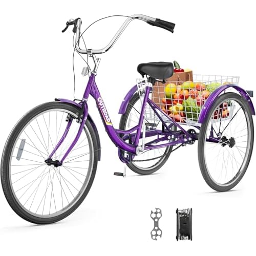 1 Speed Adult Tricycle, 2426 inch Cruiser Trike with Large Basket for Women Men Seniors, 3 Wheel Bike for Outdoor, Shopping, Recreation, Picnic RedBluePurple