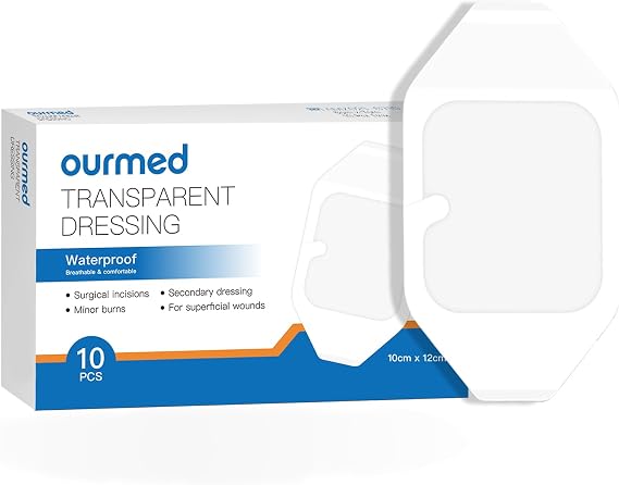 Ourmed Transparent Film Dressing 10 Packs, Waterproof Clear Bandages Adhesive 4" x 4.7", Wound Cover Bandage for Post Surgical Shower, IV Shield, Tattoo Aftercare